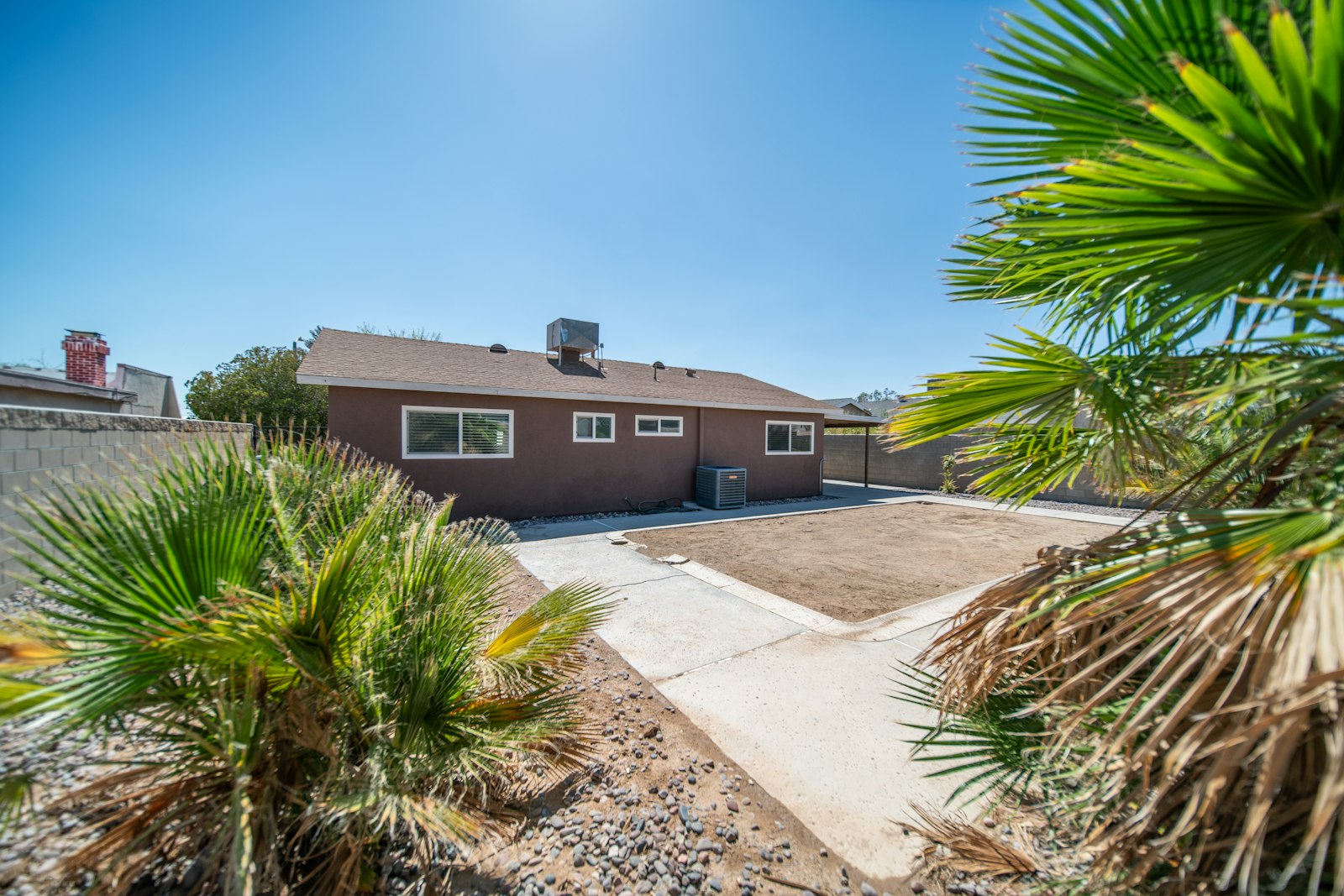 Apache Junction home with a manicured palm tree and a clean granite front yard.